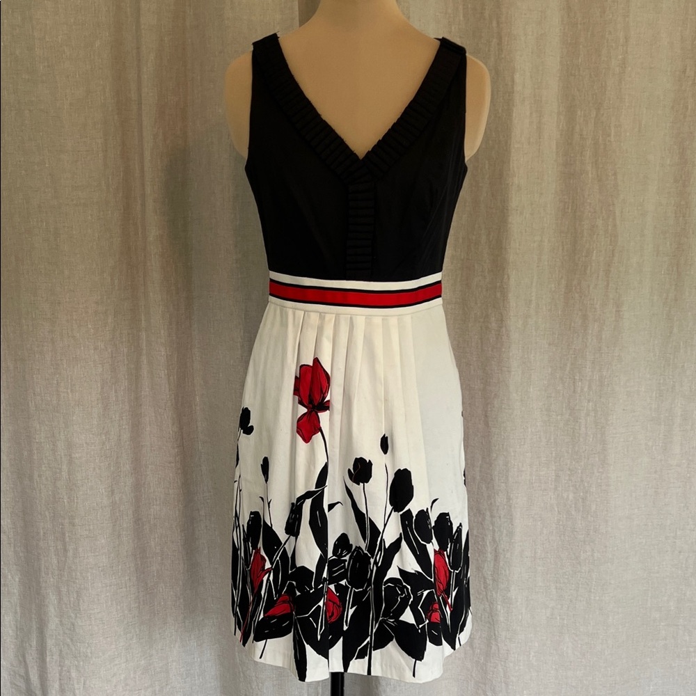 Donna Ricco Black and White Midi Dress with Red Floral Accents